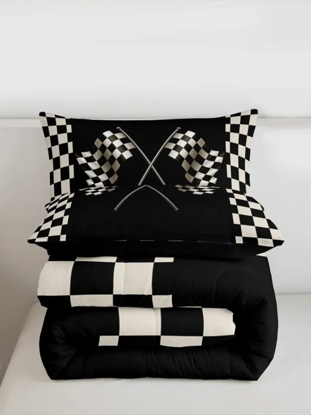 Black White Flag Full Size Comforter Set Geometric Grid Bedding Set for Kids Adu